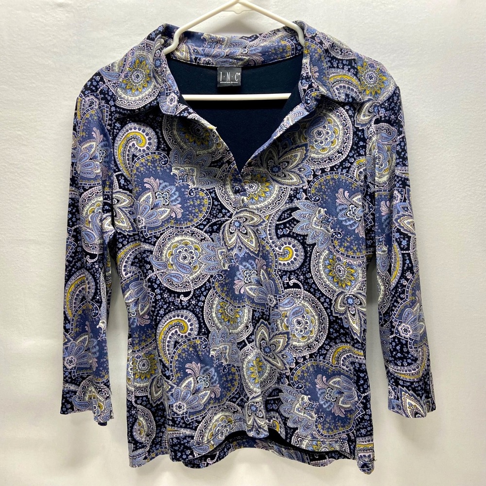 INC International Concepts Blouse Women's Large Blue Paisley 3/4 Sleeve V-Neck
